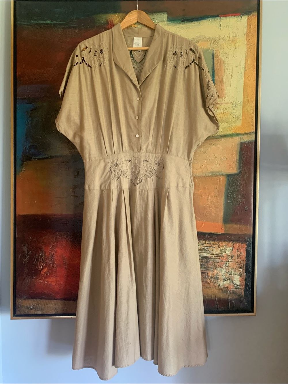 Vintage Ramie Cotton Blend Cutout Lace Dress with Full Pleated Skirt, Sz 14